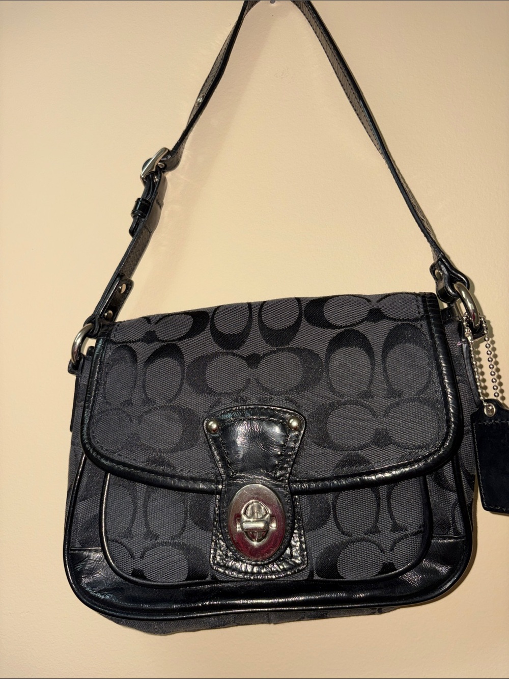 Coach Black Signature Jacquard Shoulder Bag with Turn-Lock